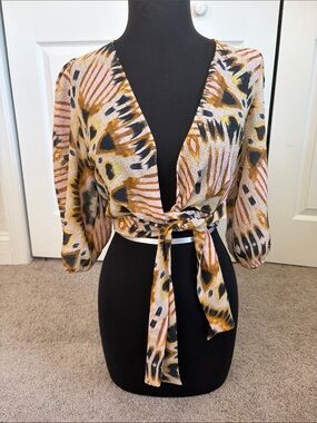 Ba&sh Bash Cally Wrap Tie Crop Top Animal Tropical Print Black Brown S NWOT Boho